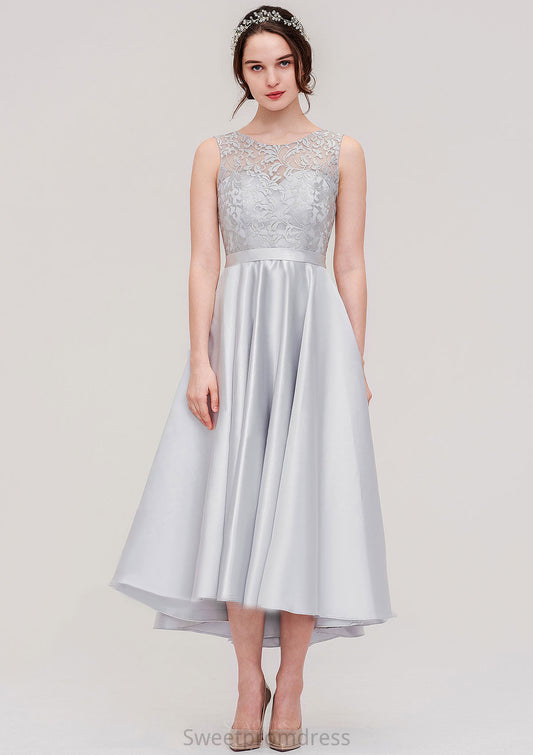 Bateau Sleeveless Tea-Length Satin A-line/Princess Bridesmaid Dresses With Sashes Lace Mary DHP0025495