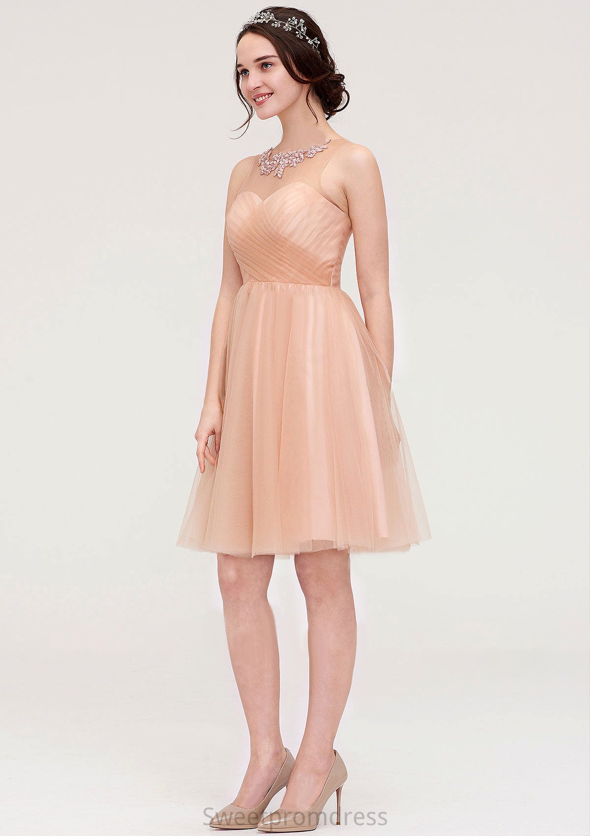 Bateau Sleeveless A-line/Princess Tulle Knee-Length Bridesmaid Dresses With Pleated Beading Anabella DHP0025498