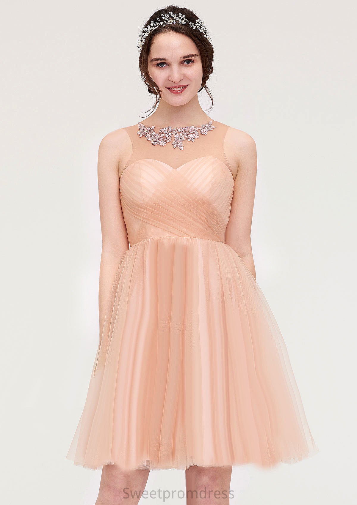 Bateau Sleeveless A-line/Princess Tulle Knee-Length Bridesmaid Dresses With Pleated Beading Anabella DHP0025498