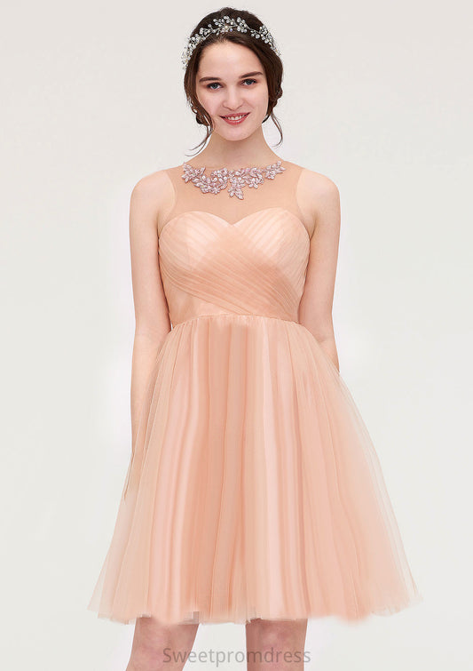 Bateau Sleeveless A-line/Princess Tulle Knee-Length Bridesmaid Dresses With Pleated Beading Anabella DHP0025498