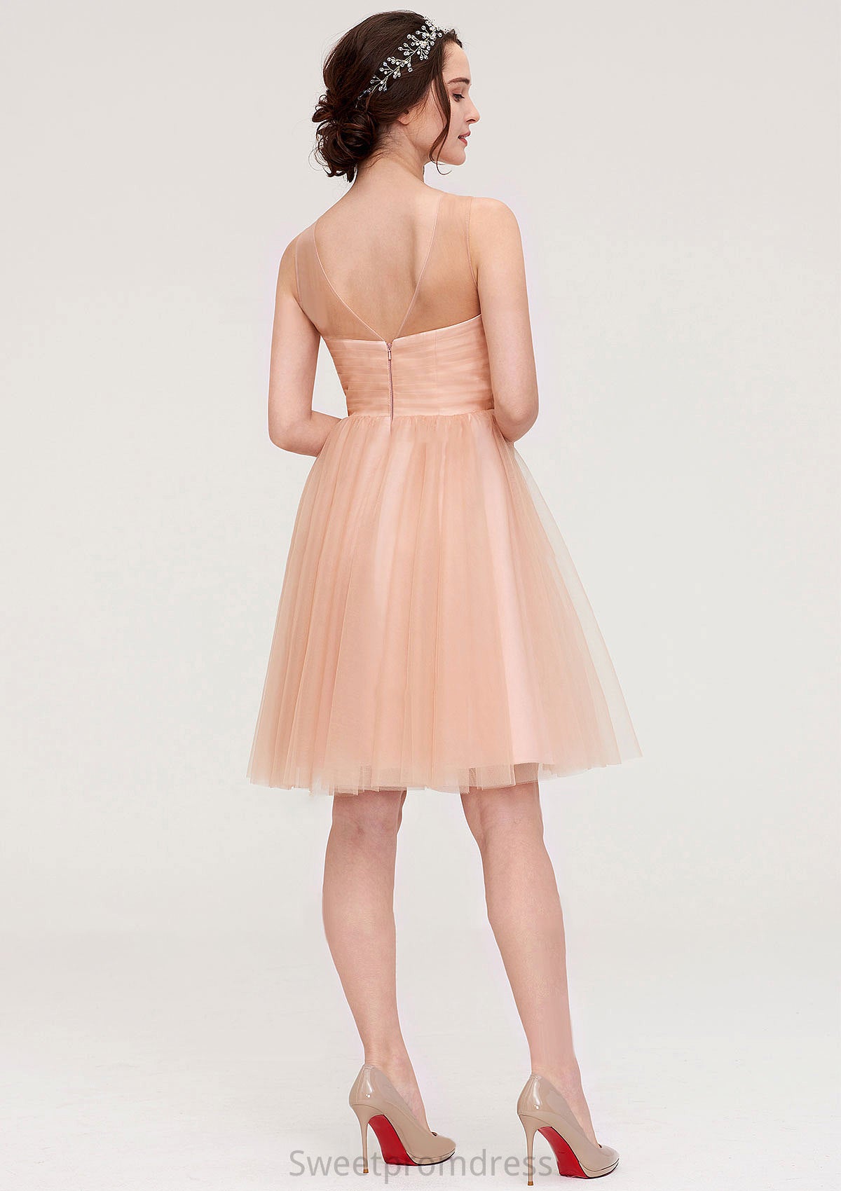 Bateau Sleeveless A-line/Princess Tulle Knee-Length Bridesmaid Dresses With Pleated Beading Anabella DHP0025498