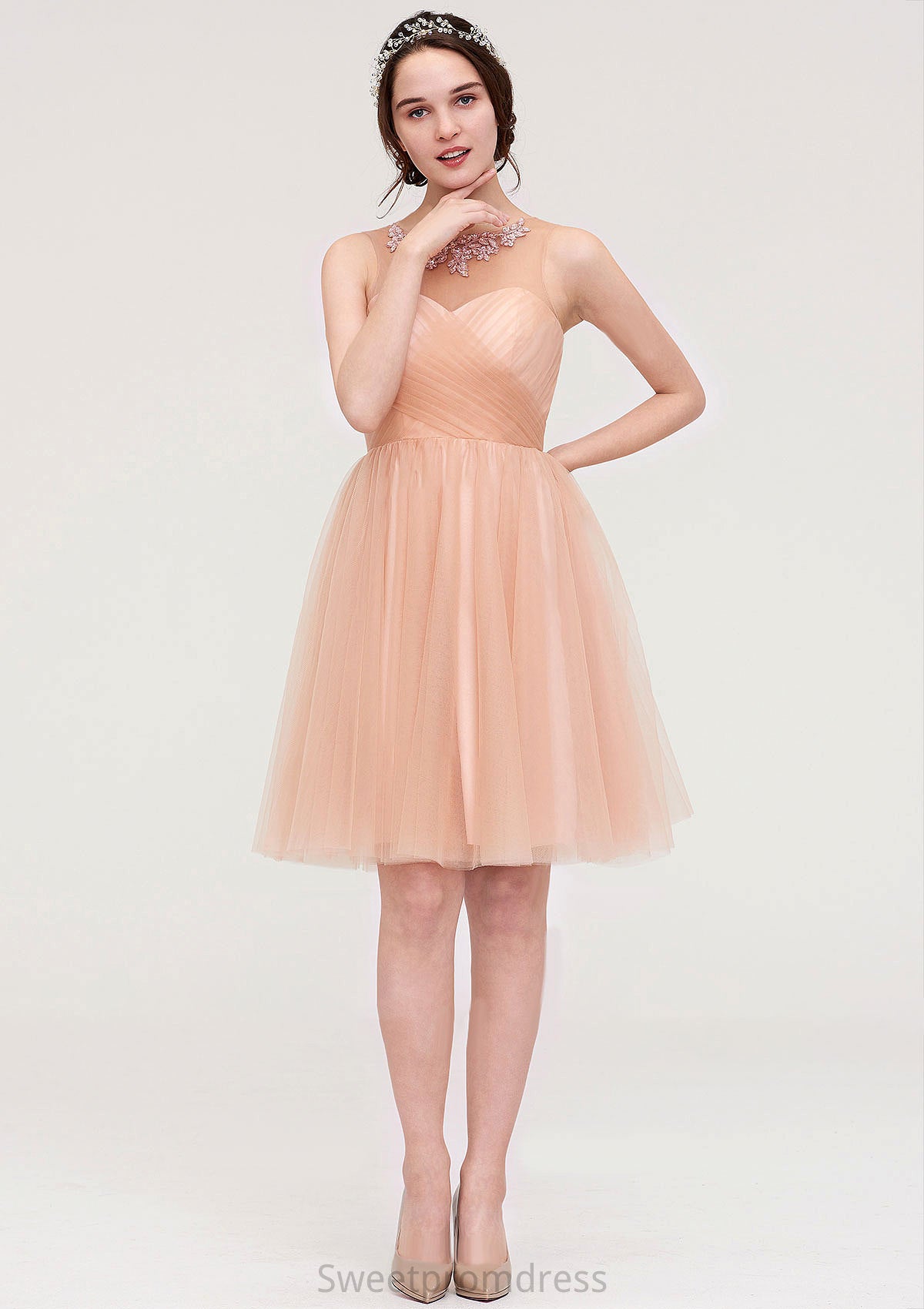 Bateau Sleeveless A-line/Princess Tulle Knee-Length Bridesmaid Dresses With Pleated Beading Anabella DHP0025498