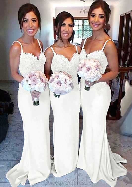 Sweetheart Court Train Sheath/Column Elastic Satin Bridesmaid Dresseses With Lace Sal DHP0025500