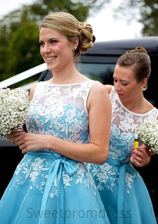 Bateau A-Line/Princess Tea-Length Organza Bridesmaid Dresses With Appliqued Denise DHP0025504