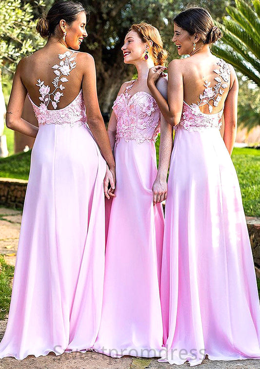 Sleeveless One-Shoulder Sweep Train A-line/Princess Chiffon Bridesmaid Dresseses With Appliqued Shelby DHP0025506