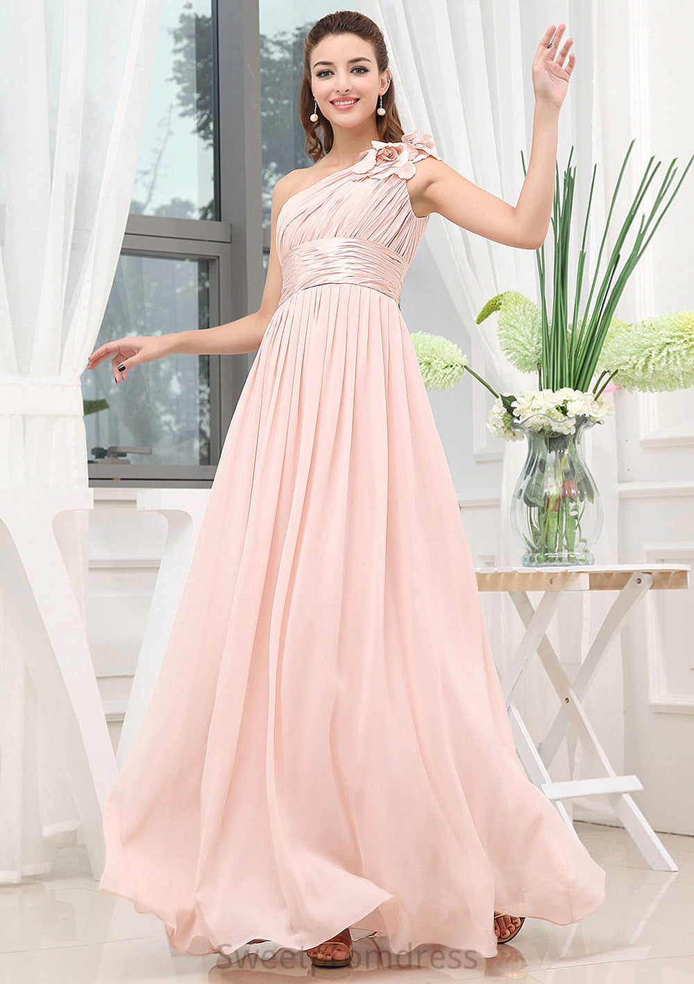 Sleeveless One-Shoulder Long/Floor-Length A-line/Princess Chiffon Bridesmaid Dresses With Pleated Shoulder Flower Isis DHP0025507