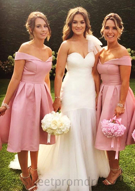 Sleeveless Off-the-Shoulder Tea-Length A-line/Princess Satin Bridesmaid Dresseses With Pleated Olga DHP0025508