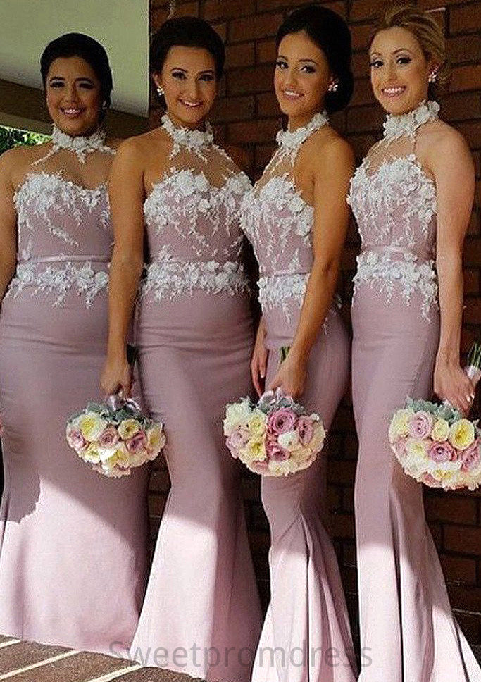 Halter Sleeveless Sweep Train Sheath/Column Satin Bridesmaid Dresses With Appliqued Frederica DHP0025515