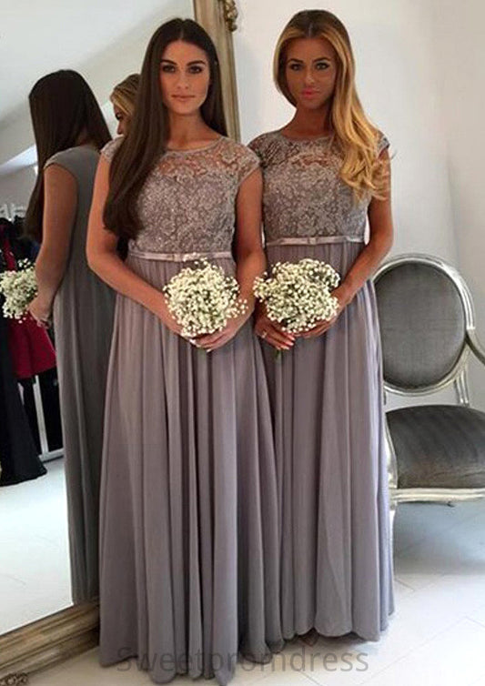 Bateau A-Line/Princess Long/Floor-Length Chiffon Bridesmaid Dresses With Appliqued Micaela DHP0025517