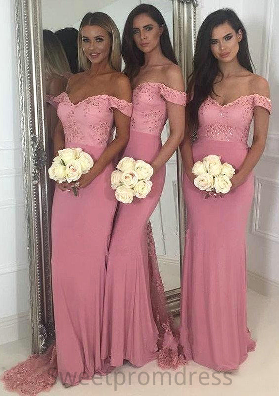 Sleeveless Off-the-Shoulder Sweep Train Sheath/Column Jersey Bridesmaid Dresseses With Lace Beading Monserrat DHP0025519