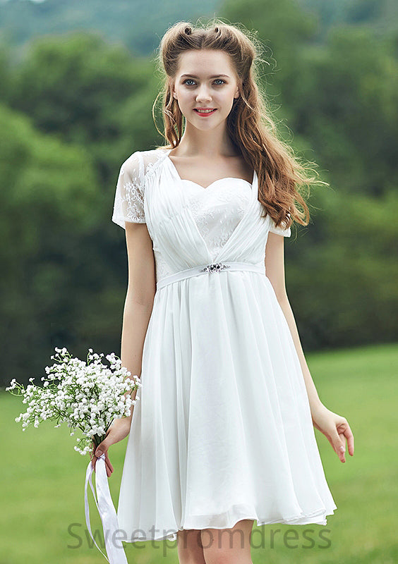 Short/Mini Scalloped Neck Short Sleeve Chiffon A-line/Princess Bridesmaid Dresseses With Lace Terri DHP0025520