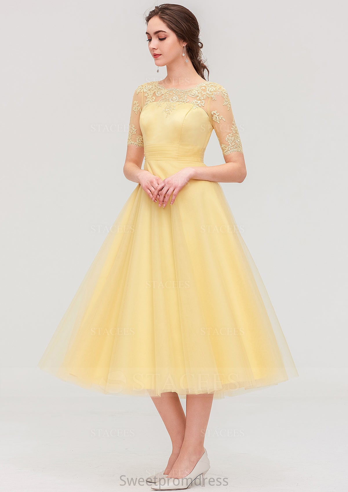 Bateau Short Sleeve A-line/Princess Tulle Tea-Length  Bridesmaid Dresses With Pleated Lace Isabela DHP0025522