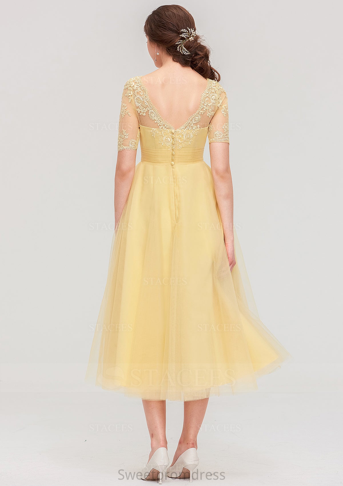 Bateau Short Sleeve A-line/Princess Tulle Tea-Length  Bridesmaid Dresses With Pleated Lace Isabela DHP0025522