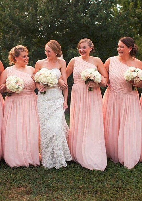 One-Shoulder A-Line/Princess Long/Floor-Length Chiffon Bridesmaid Dresses With Pleated Shelby DHP0025529