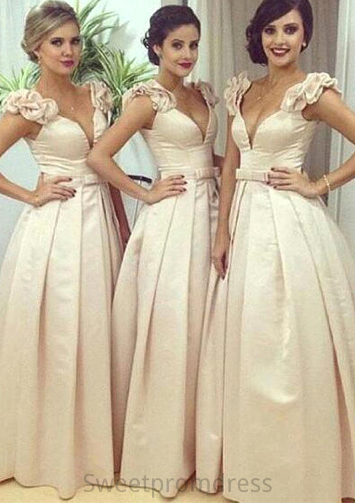 Sleeveless V Neck Long/Floor-Length A-line/Princess Satin Bridesmaid Dresseses With Pleated Waistband Kendal DHP0025536