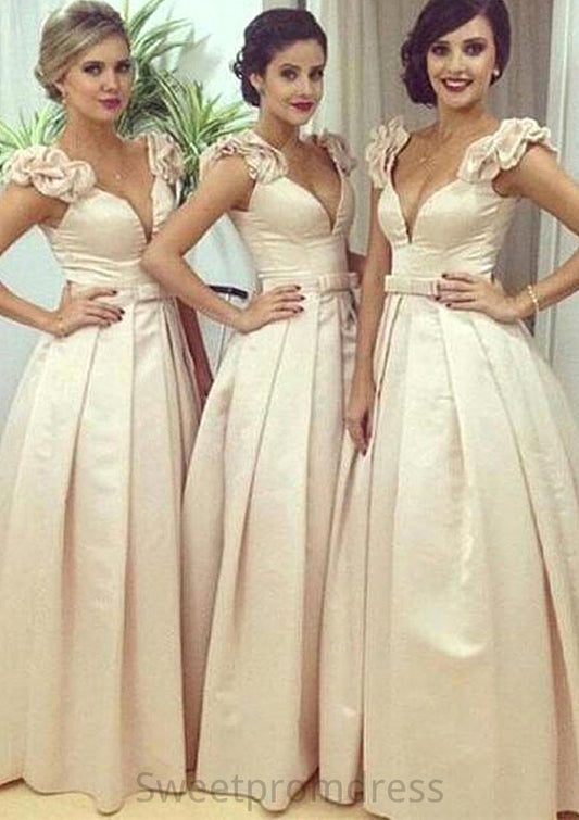 Sleeveless V Neck Long/Floor-Length A-line/Princess Satin Bridesmaid Dresseses With Pleated Waistband Kendal DHP0025536