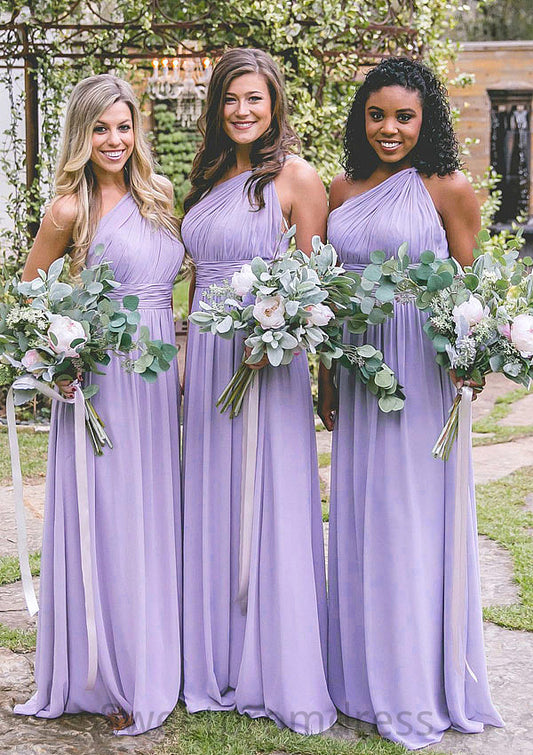 One-Shoulder A-Line/Princess Long/Floor-Length Chiffon Bridesmaid Dresses With Pleated Avery DHP0025544