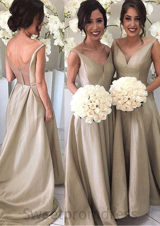 A-Line/Princess Sleeveless V-Neck Zipper Sweep Train Taffeta Bridesmaid Dresses Aniya DHP0025548