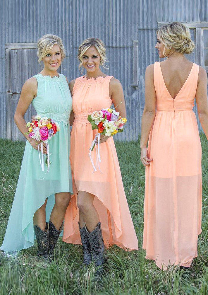 Sleeveless Bateau Asymmetrical A-Line/Princess Chiffon Bridesmaid Dresses With Appliqued Cristina DHP0025549