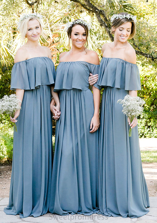 Off-The-Shoulder A-Line/Princess Long/Floor-Length Chiffon Bridesmaid Dresses With Ruffles Jazlynn DHP0025555