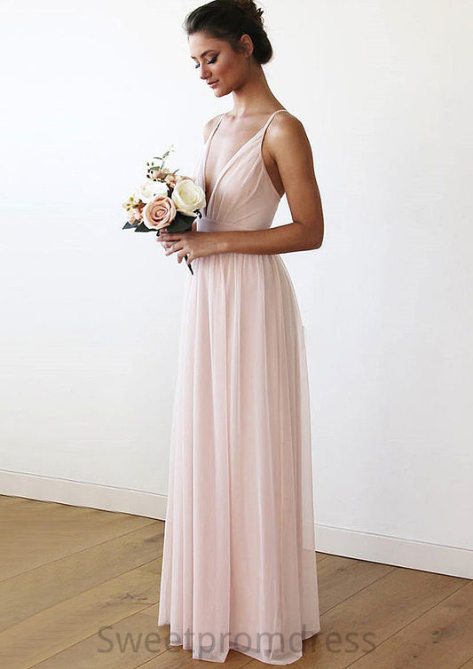 Spaghetti Straps Sleeveless V Neck Long/Floor-Length Chiffon Bridesmaid Dresses With Pleated Jadyn DHP0025561