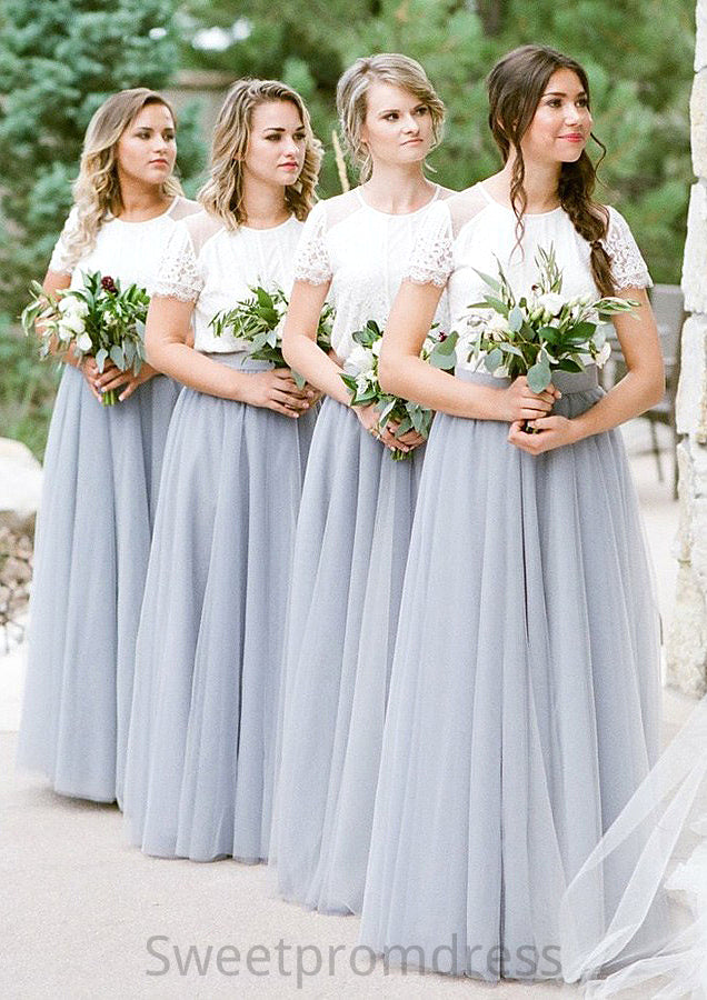 Short Sleeve Scoop Neck Long/Floor-Length A-line/Princess Tulle Bridesmaid Dresseses With Lace Delaney DHP0025563