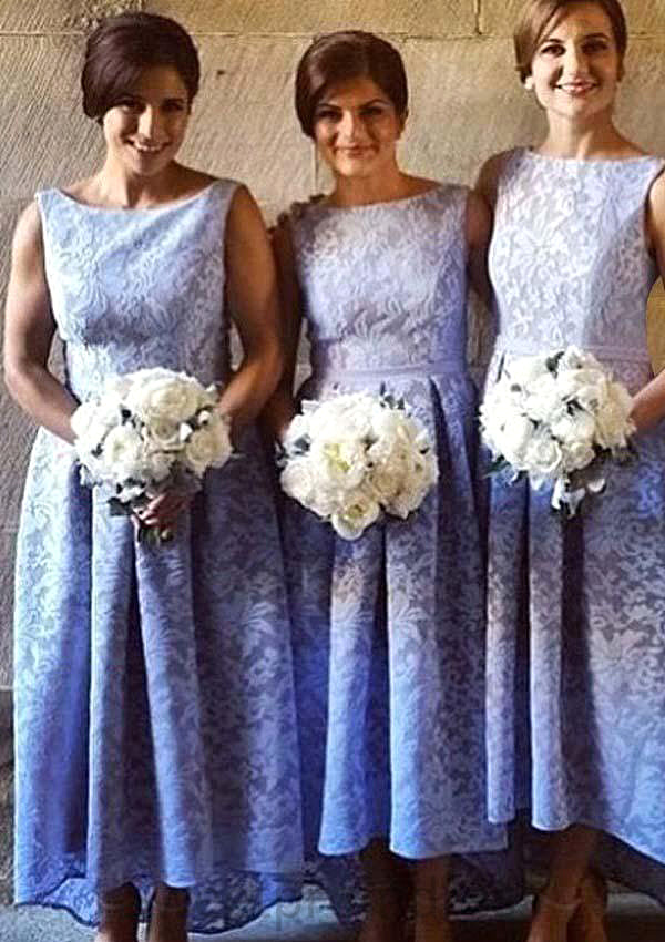 Bateau Sleeveless Asymmetrical A-line/Princess Lace Bridesmaid Dresseses With Pleated Teagan DHP0025576