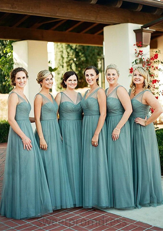 Sleeveless V Neck Tulle Long/Floor-Length A-line/Princess Bridesmaid Dresseses With Pleated Caroline DHP0025578