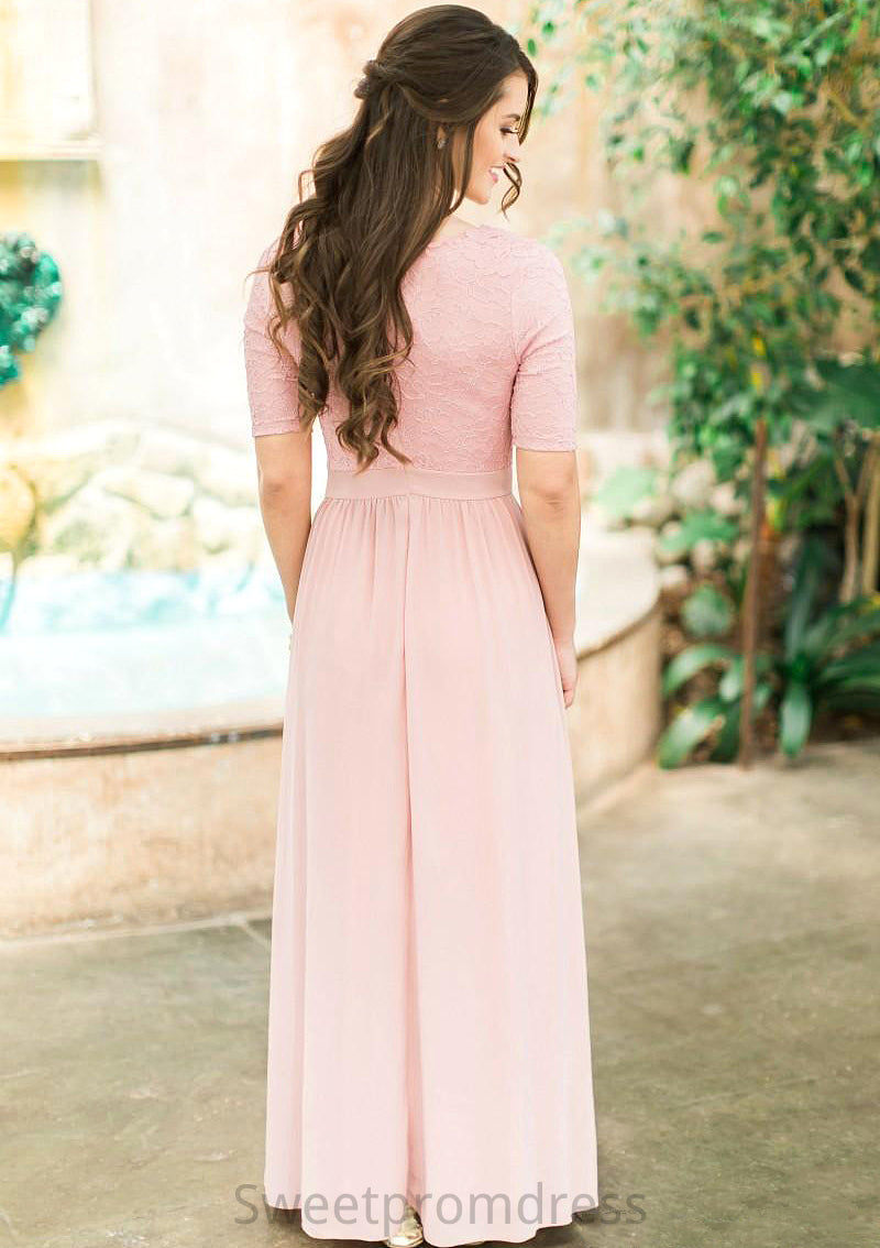 Scoop Neck Short Sleeve Ankle-Length A-line/Princess Chiffon Bridesmaid Dresses With Lace Pleated Kamora DHP0025580