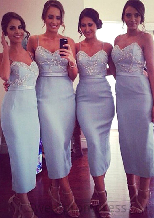 Sleeveless V Neck Tea-Length Sheath/Column Elastic Satin Bridesmaid Dresseses With Appliqued Bailee DHP0025581