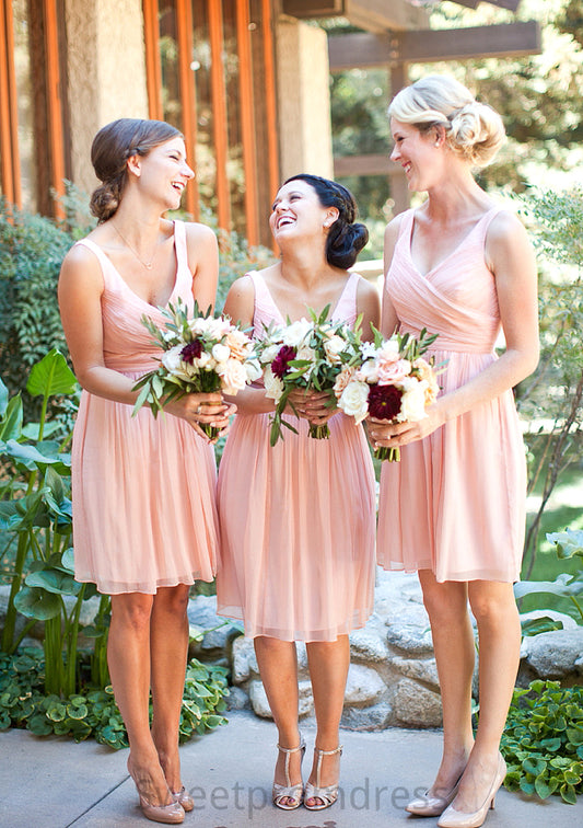 Sleeveless V Neck Short/Mini Chiffon A-line/Princess Bridesmaid Dresseses With Pleated Kristin DHP0025585