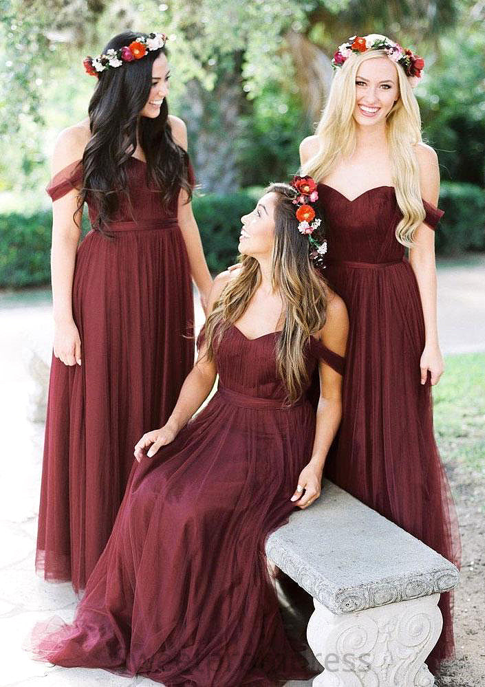 Sleeveless Off-the-Shoulder Long/Floor-Length Tulle A-line/Princess Bridesmaid Dresseses With Pleated Paris DHP0025591