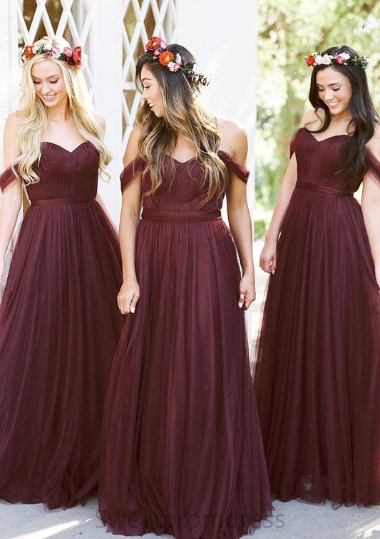 Sleeveless Off-the-Shoulder Long/Floor-Length Tulle A-line/Princess Bridesmaid Dresseses With Pleated Paris DHP0025591