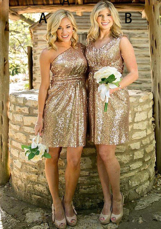 A-line/Princess One-Shoulder Short/Mini Sequined A-line/Princess Bridesmaid Dresseses Val DHP0025592