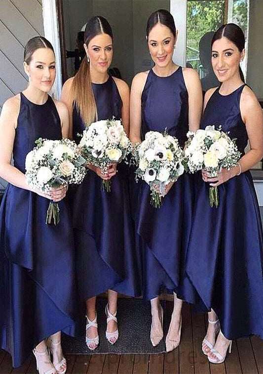 Scoop Neck Sleeveless Asymmetrical A-line/Princess Satin Bridesmaid Dresseses With Pleated Isabelle DHP0025599