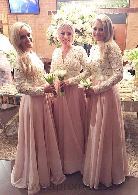 Full/Long Sleeve Scalloped Neck A-line/Princess Chiffon Long/Floor-Length Bridesmaid Dresseses With Beading Lace Rayne DHP0025602