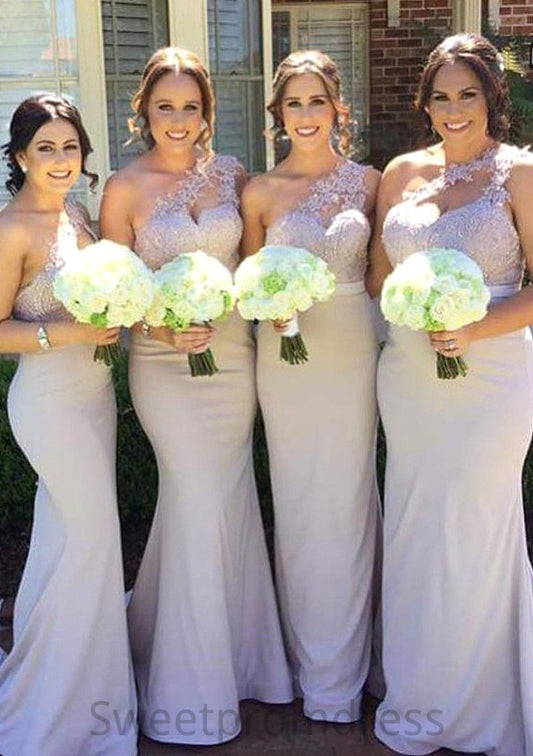 Sleeveless One-Shoulder Long/Floor-Length Trumpet/Mermaid Elastic Satin Bridesmaid Dresseses With Lace Shyanne DHP0025605