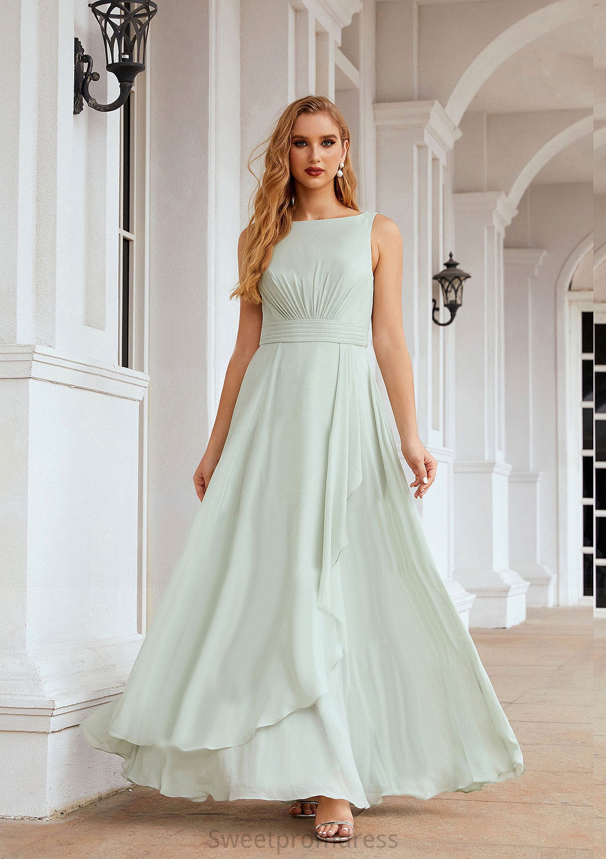 A-line Bateau Sleeveless Chiffon Long/Floor-Length Bridesmaid Dresses Ruffles Pleated Mayra DHP0025608