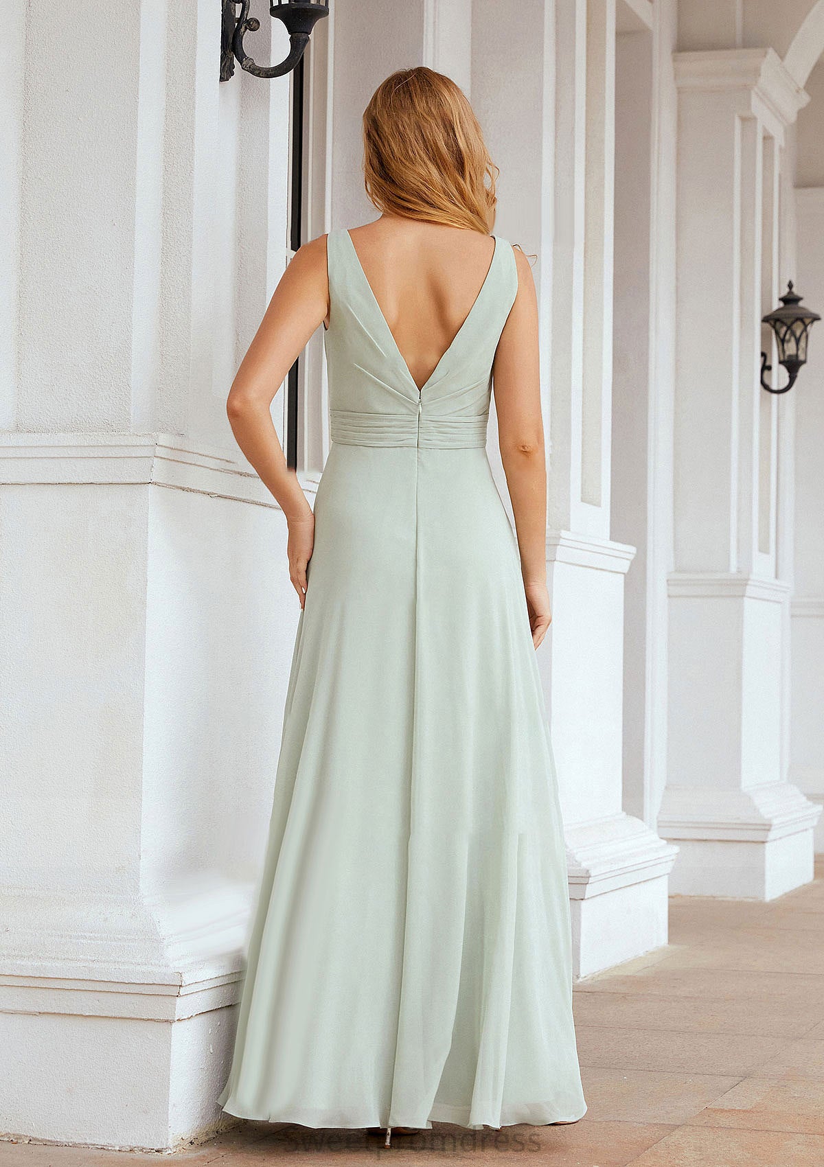 A-line Bateau Sleeveless Chiffon Long/Floor-Length Bridesmaid Dresses Ruffles Pleated Mayra DHP0025608