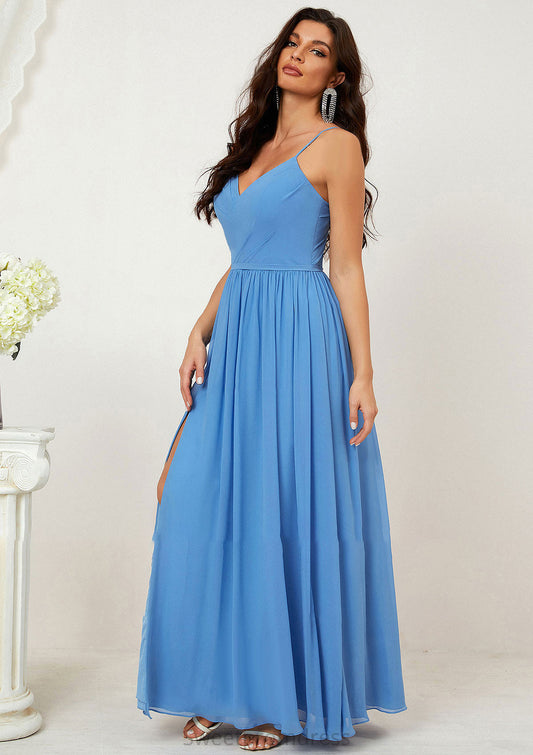 A-line V Neck Sleeveless Chiffon Long/Floor-Length Bridesmaid Dresses With Pleated Split Aryanna DHP0025609