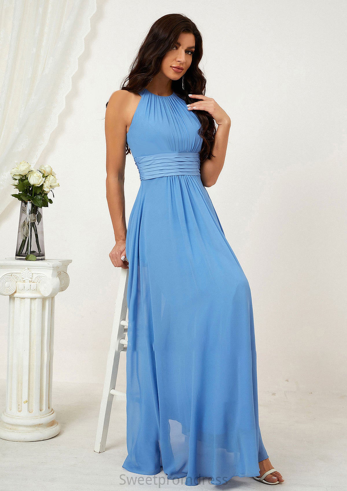 A-line Halter Sleeveless Chiffon Long/Floor-Length Bridesmaid Dresses With Pleated Helga DHP0025610