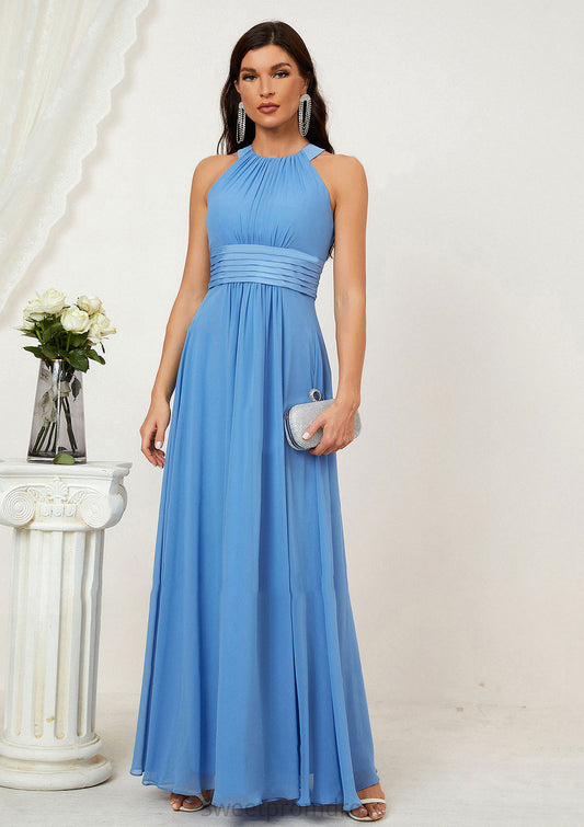 A-line Halter Sleeveless Chiffon Long/Floor-Length Bridesmaid Dresses With Pleated Helga DHP0025610