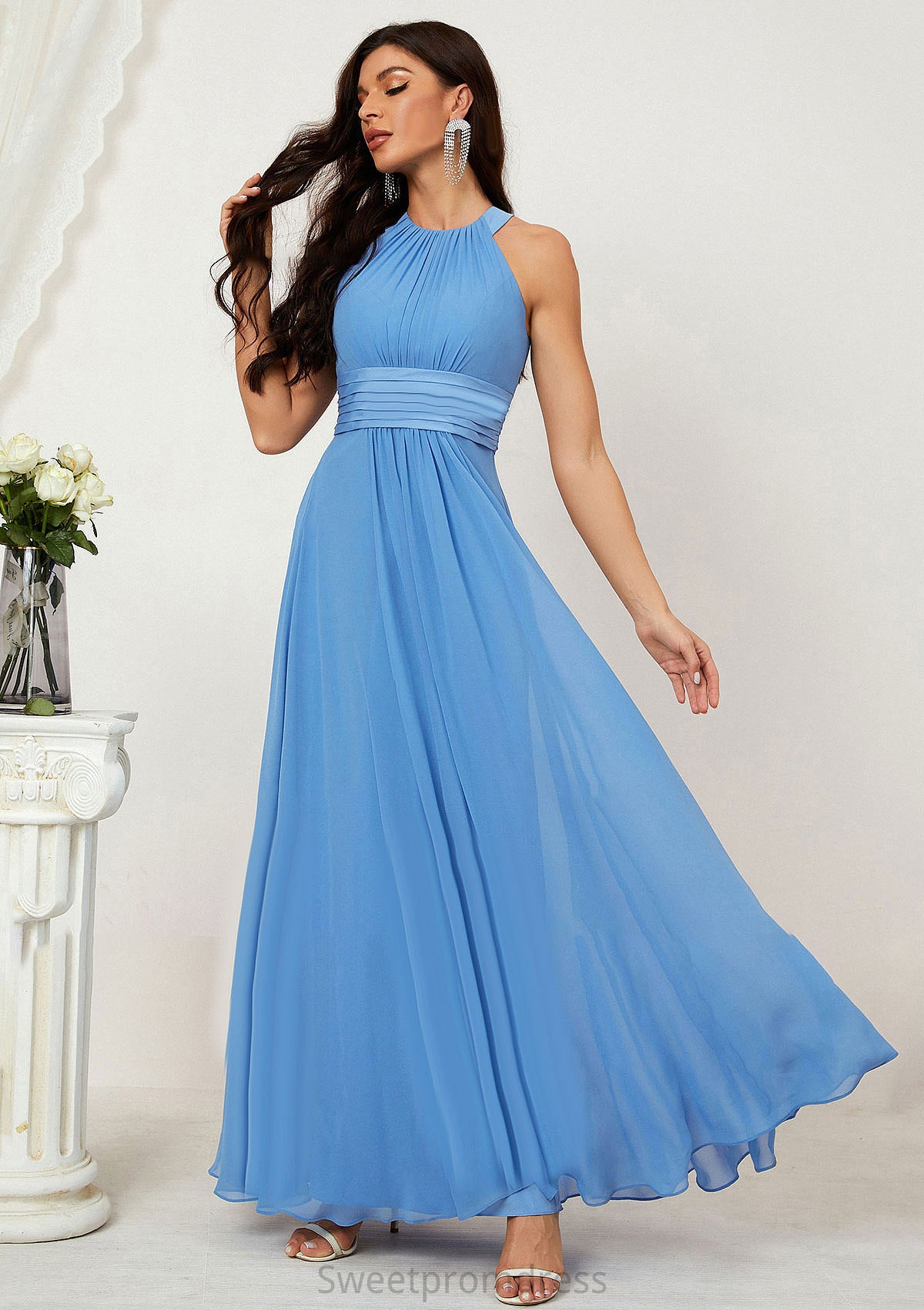 A-line Halter Sleeveless Chiffon Long/Floor-Length Bridesmaid Dresses With Pleated Helga DHP0025610