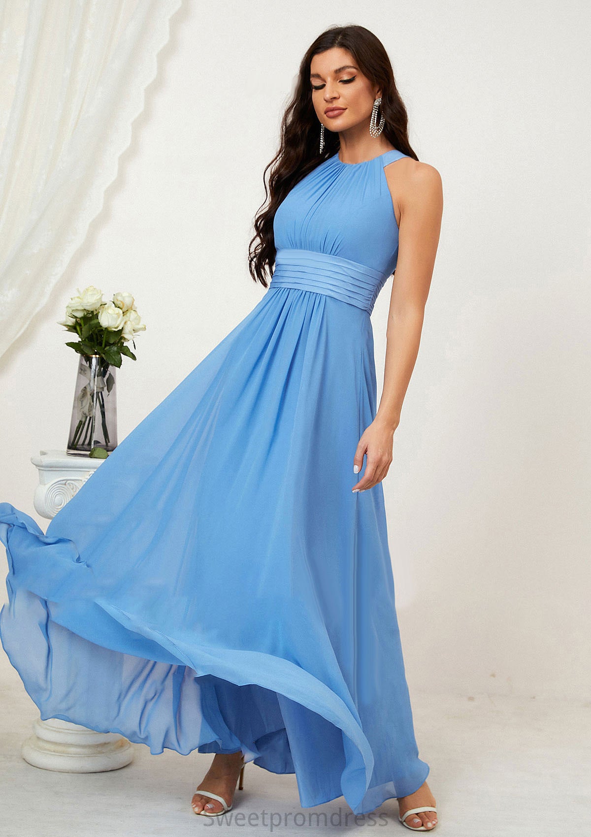 A-line Halter Sleeveless Chiffon Long/Floor-Length Bridesmaid Dresses With Pleated Helga DHP0025610