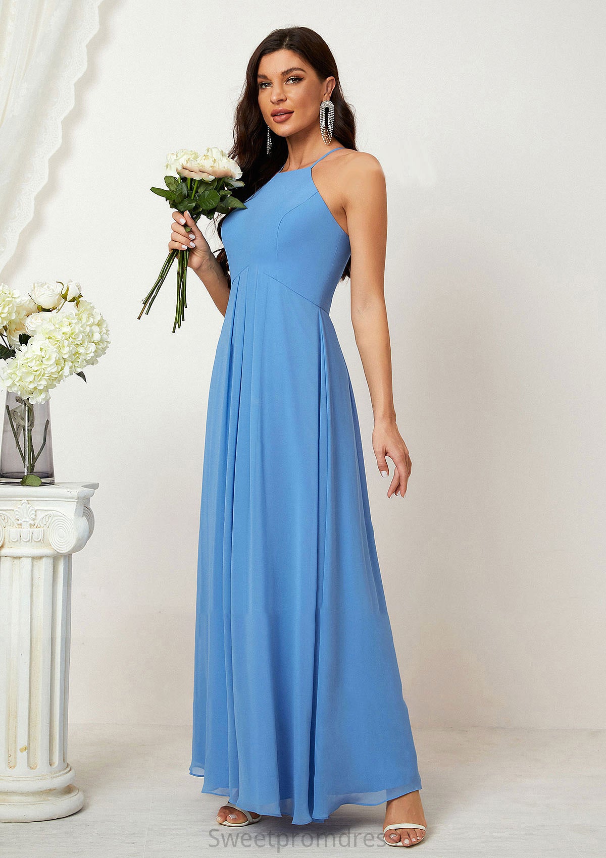 A-line Empire Halter Sleeveless Chiffon Long/Floor-Length Bridesmaid Dresses With Ruffles Cali DHP0025611