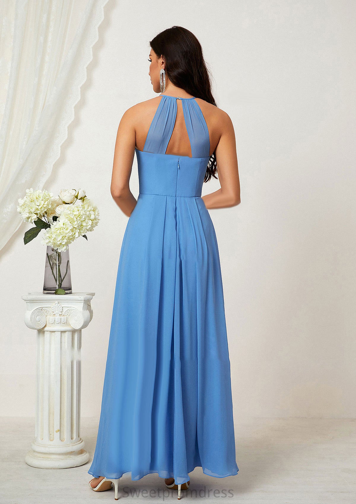 A-line Empire Halter Sleeveless Chiffon Long/Floor-Length Bridesmaid Dresses With Ruffles Cali DHP0025611