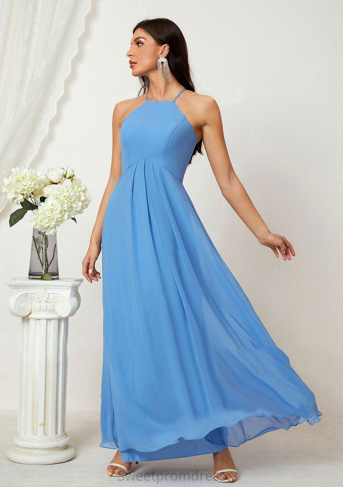 A-line Empire Halter Sleeveless Chiffon Long/Floor-Length Bridesmaid Dresses With Ruffles Cali DHP0025611