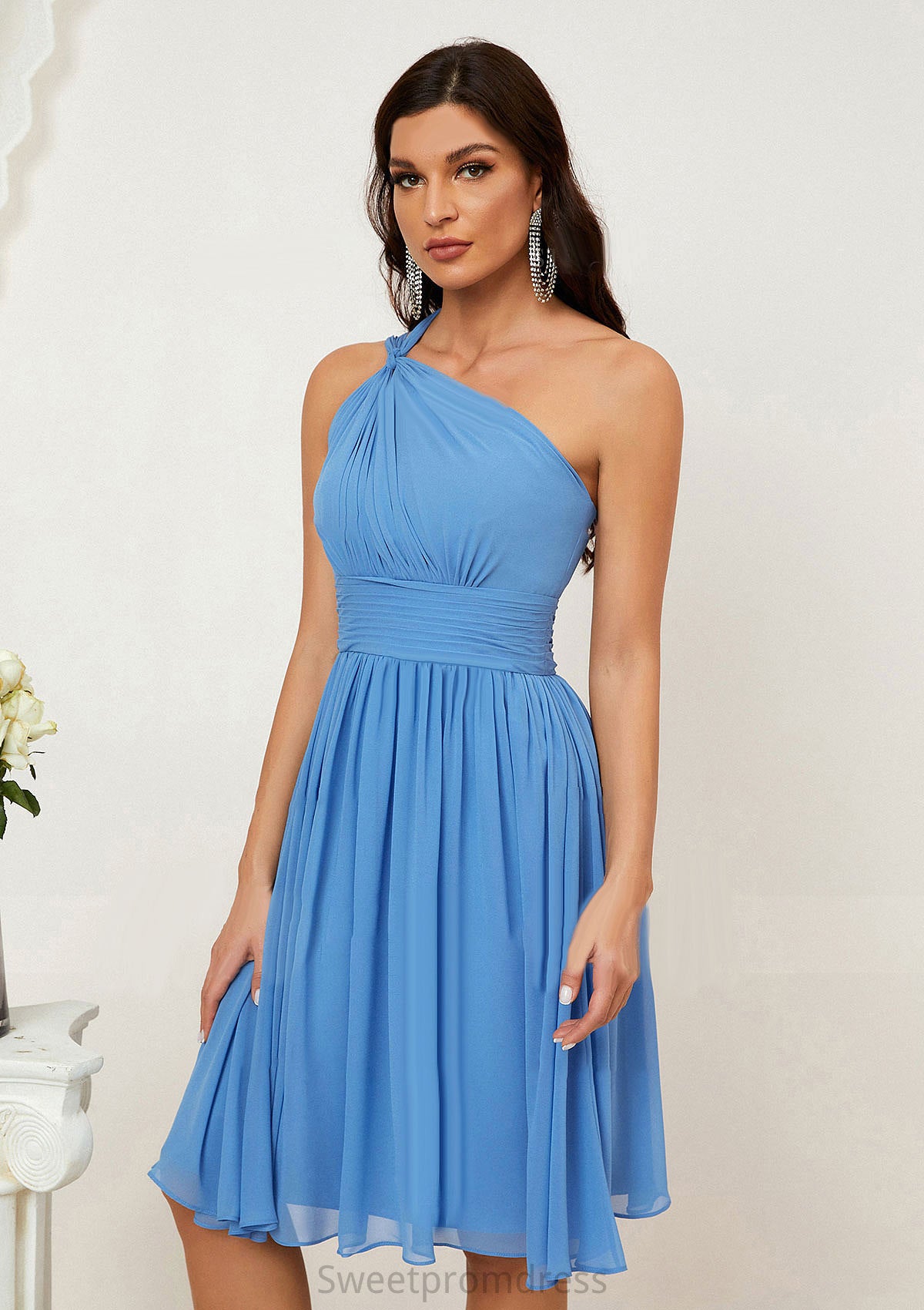 A-line One-Shoulder Sleeveless Chiffon Knee-Length Bridesmaid Dresses With Pleated Mareli DHP0025612