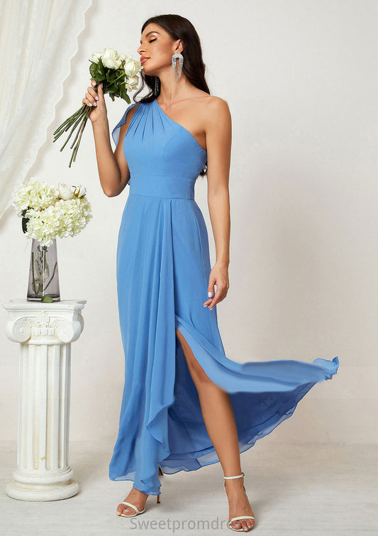 A-line One-Shoulder Sleeveless Chiffon Long/Floor-Length Bridesmaid Dresses With Pleated Split Andrea DHP0025613