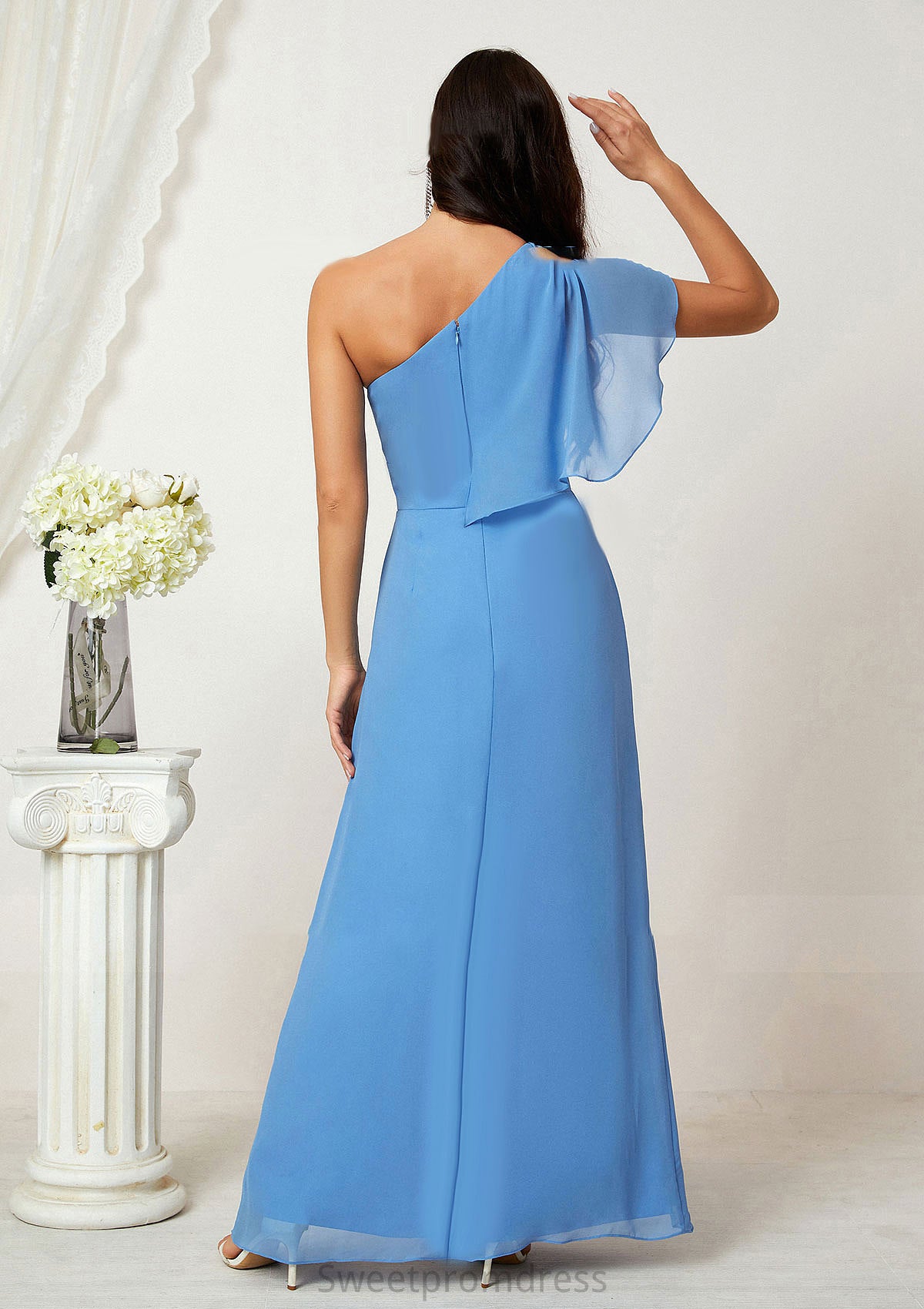 A-line One-Shoulder Sleeveless Chiffon Long/Floor-Length Bridesmaid Dresses With Pleated Split Andrea DHP0025613